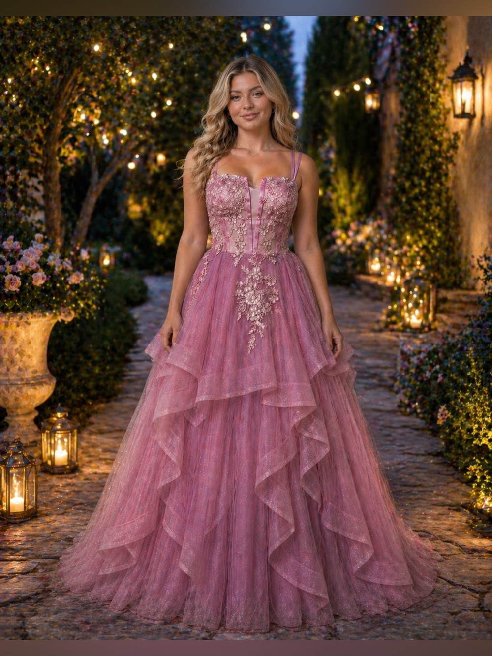 #205 Elegant Dusty Rose Tiered Tulle Ball Gown Dress-2X/18W - 20W